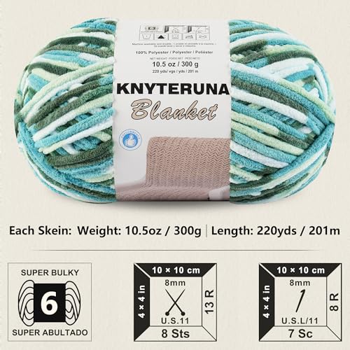 Knyteruna #6 Super Bulky Blanket Yarn for Crocheting - 4 Skeins(Each 10.5oz/300g, 220yds/201m), Chunky Chenille Thick Plush Big Soft Yarn for Crocheting Knitting Blankets, Forest & Teal & Sky & Mint - Image 2