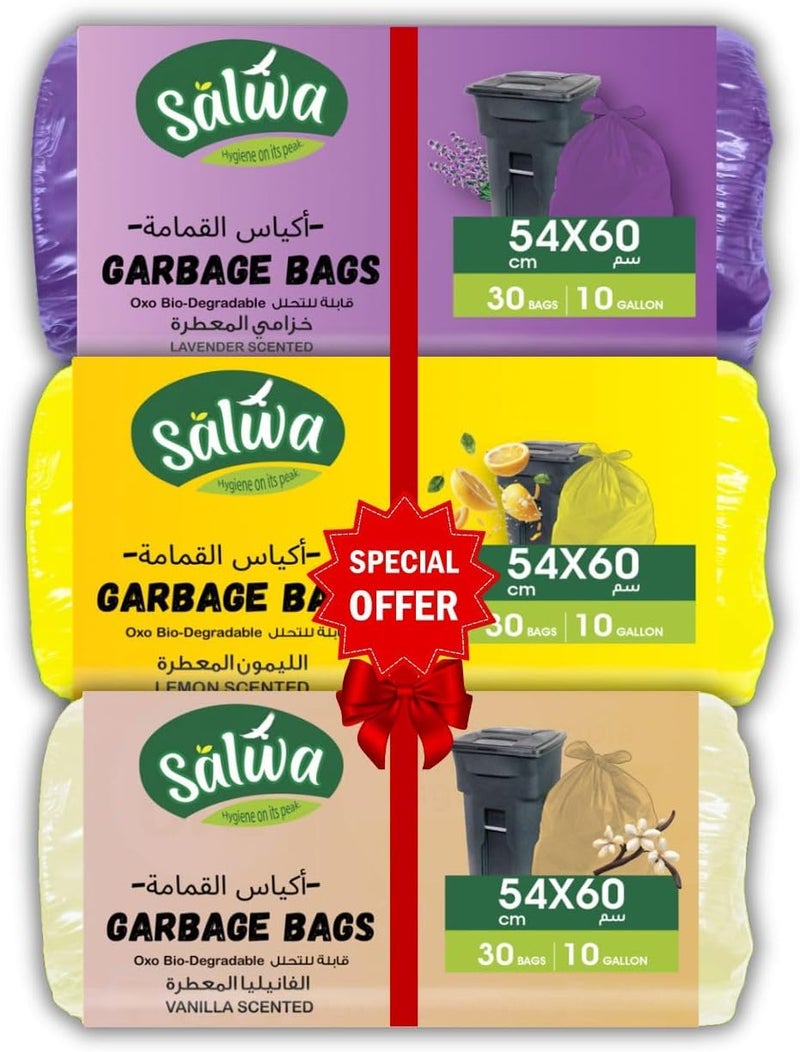 Salwa Scented Garbage Bags, 10 Gallons Capacity, Promo Pack of 3, 90 Bags - Lemon, Vanilla & Lavender