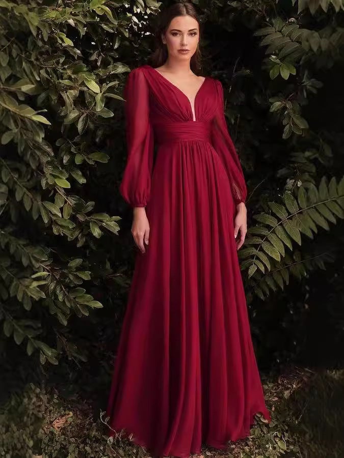 Style Evening Dress New Long Sleeve Chiffon Temperament Deep V Side Button Bridesmaid Dress Supply - Image 2