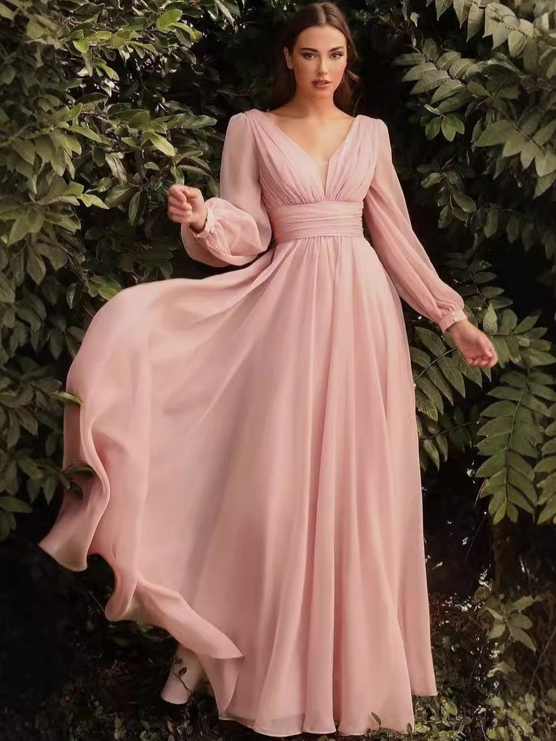 Style Evening Dress New Long Sleeve Chiffon Temperament Deep V Side Button Bridesmaid Dress Supply - Image 4