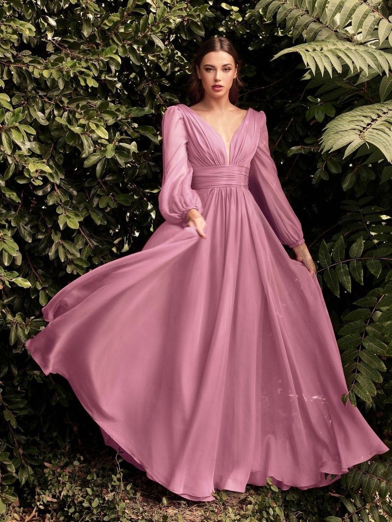 Style Evening Dress New Long Sleeve Chiffon Temperament Deep V Side Button Bridesmaid Dress Supply - Image 3