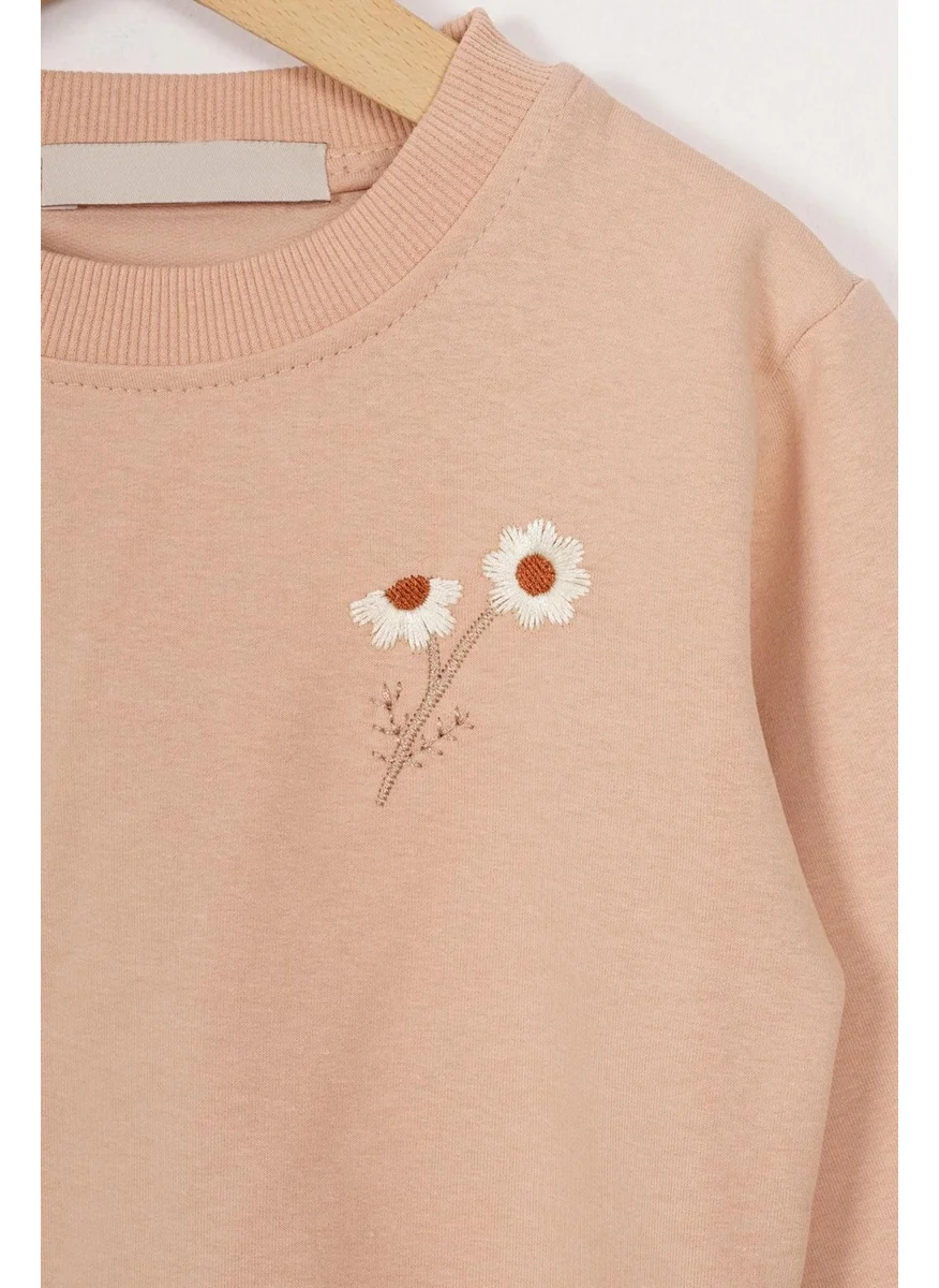 أكار Crew Neck Long Sleeve Daisy Embroidered Beige Color Girl Tracksuit