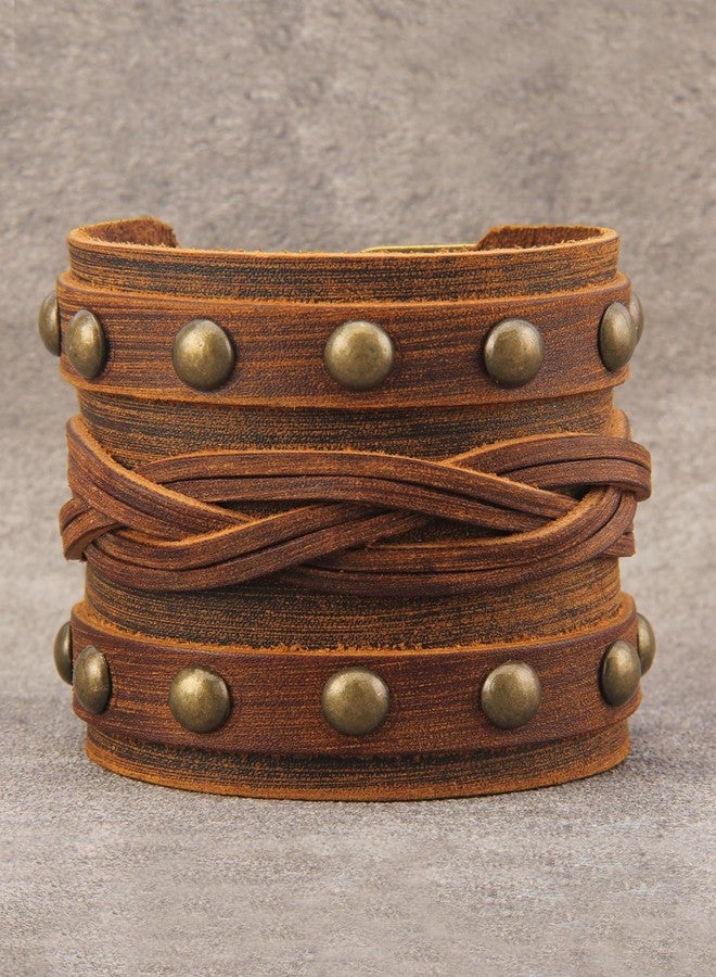 JAOYU Leather Wrap Cuff Bracelet Goth Punk Bracelet Wrist Bands Leather Men Wide Cuff Bangle Braided Jewelry Black Brown Adjustable - Father's Day Birthday Gifts - Image 2