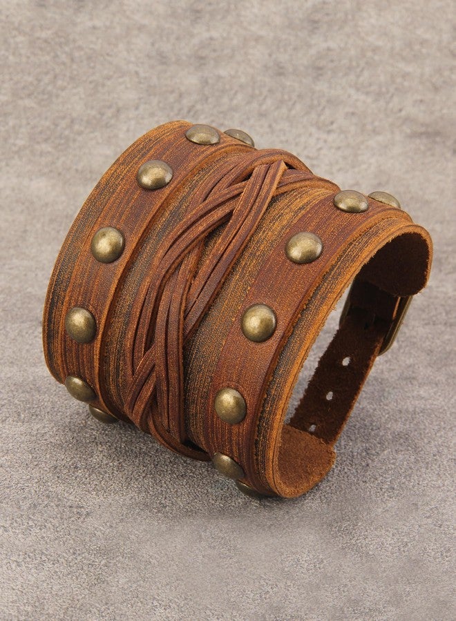 JAOYU Leather Wrap Cuff Bracelet Goth Punk Bracelet Wrist Bands Leather Men Wide Cuff Bangle Braided Jewelry Black Brown Adjustable - Father's Day Birthday Gifts - Image 3