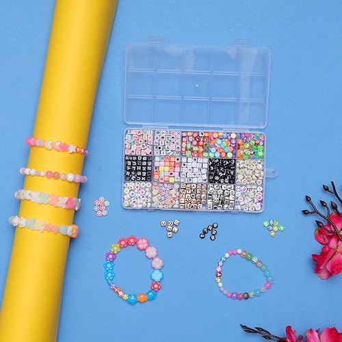 Ambitieux DIY Jewellery Making Kit for Kids & Girls – 15-Compartment 900+pcs Alphabet Beads Box with Smiley & Heart Beads, 8 Charms, Elastic Thread, Scissors, Jute Bag, Jump Rings, Lobster Clasps & Earring Hooks | Bracelet & Necklace Making Set Birthday 1 2 3 4 5 6 7 8 9 age years (Alhpabet kit) - Image 2