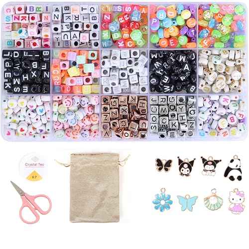 Ambitieux DIY Jewellery Making Kit for Kids & Girls – 15-Compartment 900+pcs Alphabet Beads Box with Smiley & Heart Beads, 8 Charms, Elastic Thread, Scissors, Jute Bag, Jump Rings, Lobster Clasps & Earring Hooks | Bracelet & Necklace Making Set Birthday 1 2 3 4 5 6 7 8 9 age years (Alhpabet kit) - Image 1