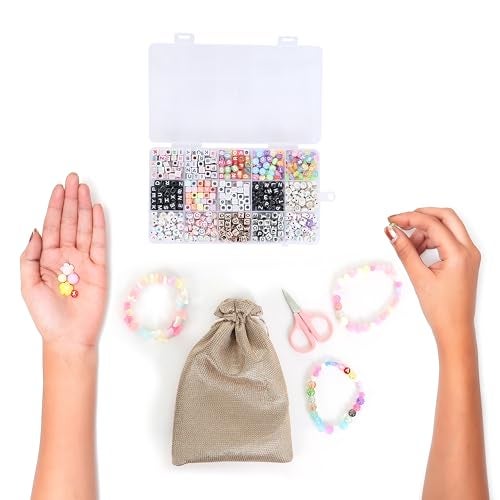 Ambitieux DIY Jewellery Making Kit for Kids & Girls – 15-Compartment 900+pcs Alphabet Beads Box with Smiley & Heart Beads, 8 Charms, Elastic Thread, Scissors, Jute Bag, Jump Rings, Lobster Clasps & Earring Hooks | Bracelet & Necklace Making Set Birthday 1 2 3 4 5 6 7 8 9 age years (Alhpabet kit) - Image 4
