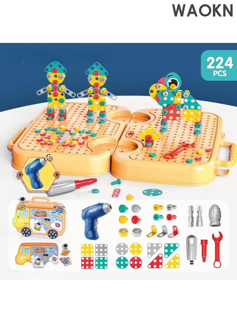 WAOKN Kids Screwdriver Toy Set - Drill Design Puzzle Constructions Toys，Children's Wisdom Simulation Repair Tool Box Toys,Boys and Girls Drill Set Stem Learning Toys Construction Engineering Building Block Games with Toy Drill & Screw Driver Tool Set for Girls Boys - Image 1
