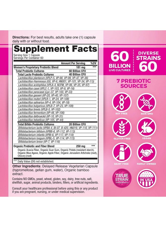 فيتل بلانت Vital Planet - Vital Flora Women's Daily Probiotic 60 Billion CFU, 60 Diverse Strains, 7 Organic Prebiotics, Vaginal and Immune Support, Bounce, صحة الجهاز الهضمي Probiotics for Women 60 Capsules - Image 2