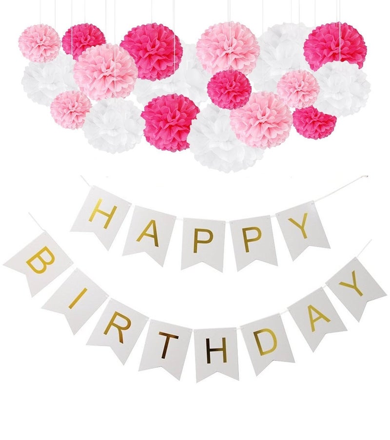 Theme My Party 11 Birthday Party Decorations:- 10 Tissue Paper Pom Pom Flowers Balls + 1 Happy Bday Banner Sign (Pink) - Image 1
