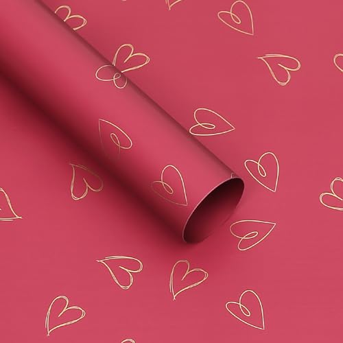 MLSG 20 Sheet Solid Color Heart Wrapping Paper - Waterproof Floral Bouquet Wrapping Paper, Florist Supplies Packaging Paper for Wedding Birthday Gift Wrap Paper (Red Gold) - Image 1
