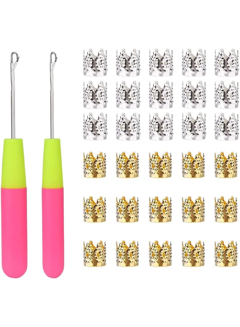 2 PCS Latch Hook Crochet Needle And 30 PCS Dreadlocks Hair Ring Decoration Braiding Hair Silver Gold Metal, Crochet Braids Hair Decoration Accessories, For Crochet Braids Hair - Image 1