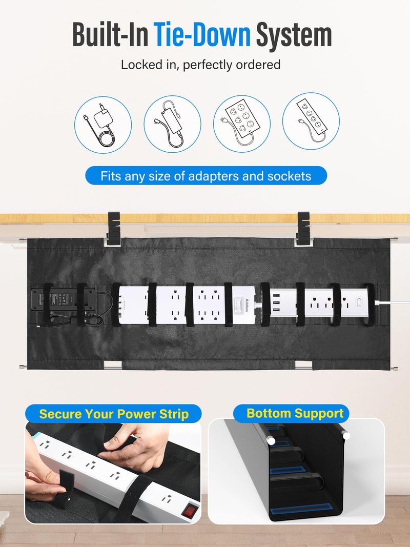Cinati [Upgraded] Large Under Desk Cable Management Tray, Cinati Cable Management Under Desk No Drill, 28.4" Fabric Cord Hider for Wire Organizer, Cord Organizer for Office, Home - Supports Up to 30lbs Black - Image 2