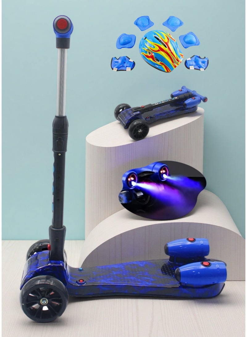 إيزي فيتشور سكوتر ركل سهل الاستخدام بثلاث عجلات للأولاد والبنات - عجلات LED مضيئة، موسيقى بلوتوث، رذاذ ماء وتأثير دخان - إمالة آمنة للتوجيه، للأعمار من 3 إلى 14 عامًا بما في ذلك مجموعة معدات الحماية الكاملة - Image 1