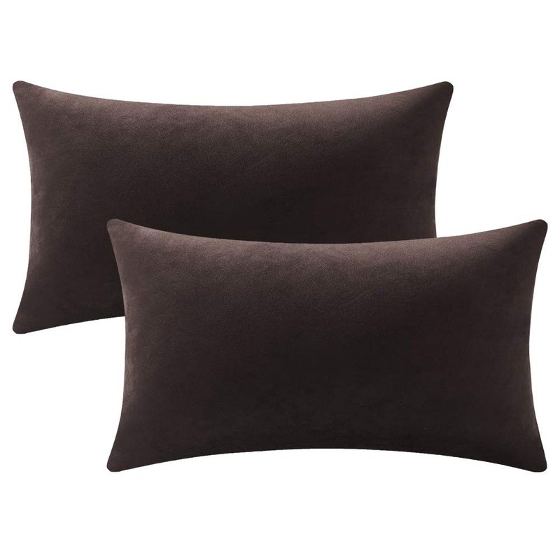 DEZENE Decorative Pillow Cases 12x20 Chocolate Brown 2 Pack Cozy Soft Velvet Rectangular Throw Pillow Covers for Farmhouse Home Decor