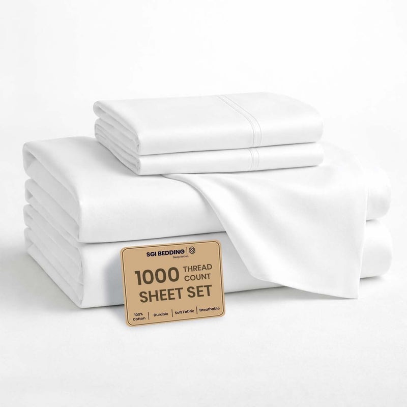 SGI bedding 100% Egyptian Cotton Sheets King Size - 1000 Thread Count Luxury Hotel Sheets, 18" Deep Pocket, Soft & Breathable 4-Piece White Sheet Set - Image 1