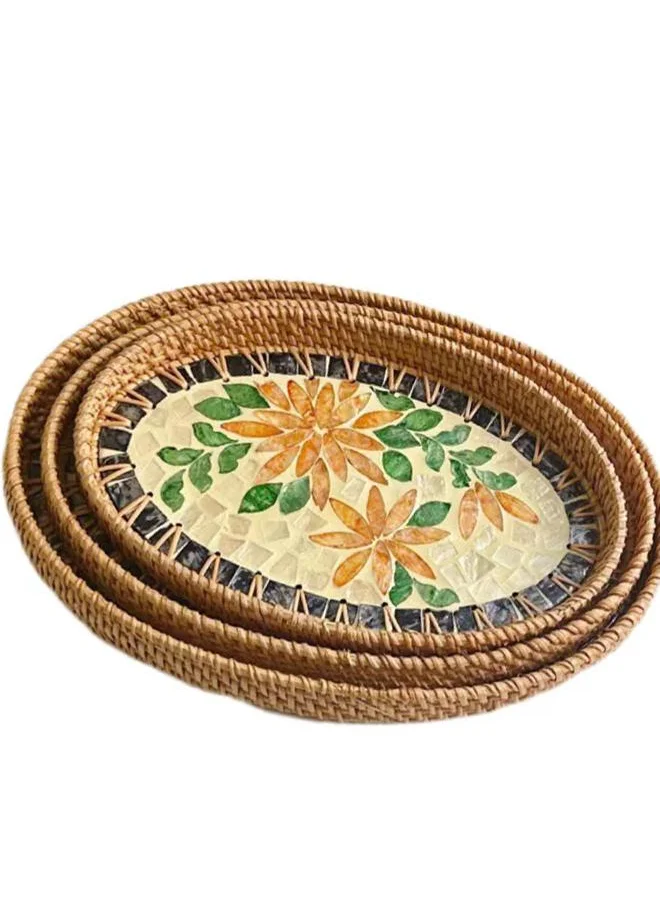 كويزيرا Natural Sea Shell Handwoven Rattan Oval Serving Tray-3 PC SET-YG