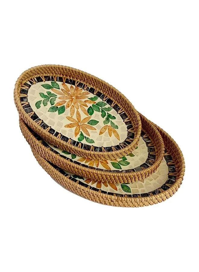 Casa Quesera Natural Sea Shell Handwoven Rattan Oval Serving Tray-3 PC SET-YG