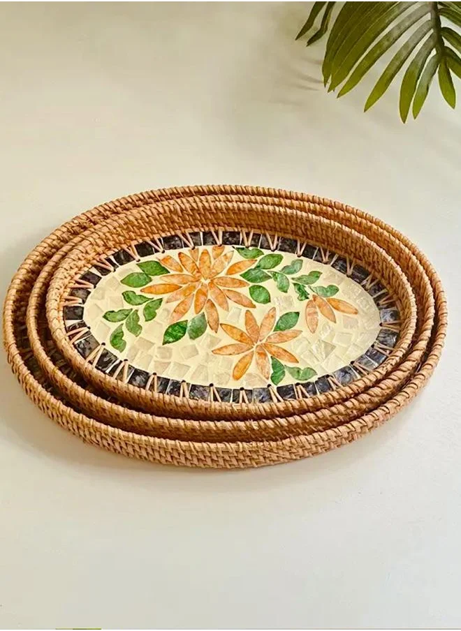 كويزيرا Natural Sea Shell Handwoven Rattan Oval Serving Tray-3 PC SET-YG