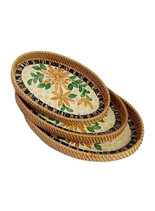 Casa Quesera Natural Sea Shell Handwoven Rattan Oval Serving Tray-3 PC SET-YG