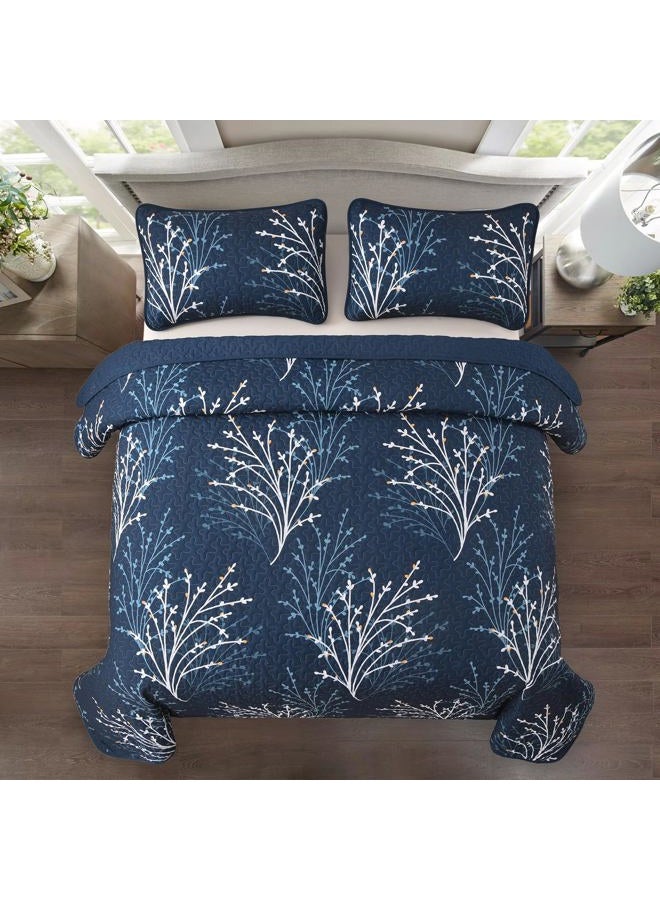 DJY Navy King Size Quilt Set Branch Botanical Pattern Bedspread Coverlet Set, 3 Pieces Navy Blue Tree Floral Quilt Bedding Set, Soft Lightweight Microfiber Reversible Bed Cover for All Season, 96''x90'' - Image 3