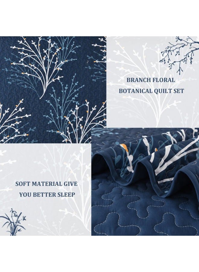 DJY Navy King Size Quilt Set Branch Botanical Pattern Bedspread Coverlet Set, 3 Pieces Navy Blue Tree Floral Quilt Bedding Set, Soft Lightweight Microfiber Reversible Bed Cover for All Season, 96''x90'' - Image 5
