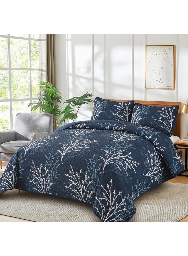 DJY Navy King Size Quilt Set Branch Botanical Pattern Bedspread Coverlet Set, 3 Pieces Navy Blue Tree Floral Quilt Bedding Set, Soft Lightweight Microfiber Reversible Bed Cover for All Season, 96''x90'' - Image 2