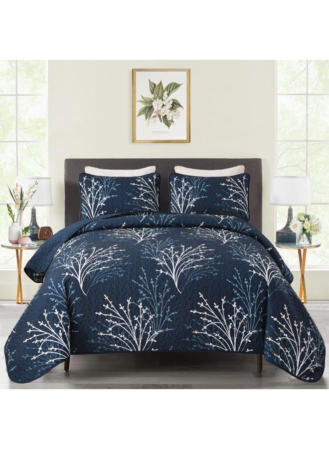 DJY Navy King Size Quilt Set Branch Botanical Pattern Bedspread Coverlet Set, 3 Pieces Navy Blue Tree Floral Quilt Bedding Set, Soft Lightweight Microfiber Reversible Bed Cover for All Season, 96''x90'' - Image 1
