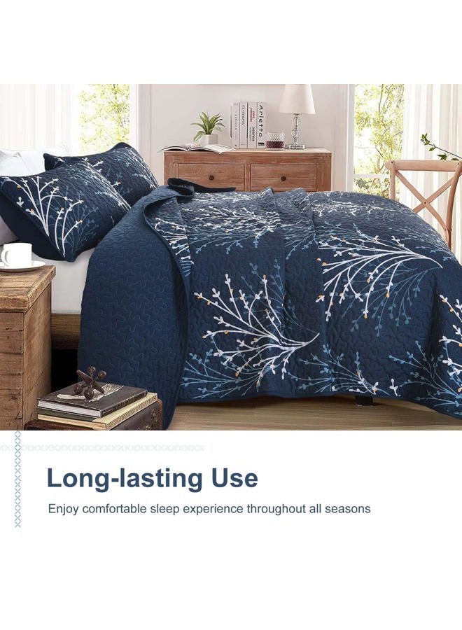 DJY Navy King Size Quilt Set Branch Botanical Pattern Bedspread Coverlet Set, 3 Pieces Navy Blue Tree Floral Quilt Bedding Set, Soft Lightweight Microfiber Reversible Bed Cover for All Season, 96''x90'' - Image 4
