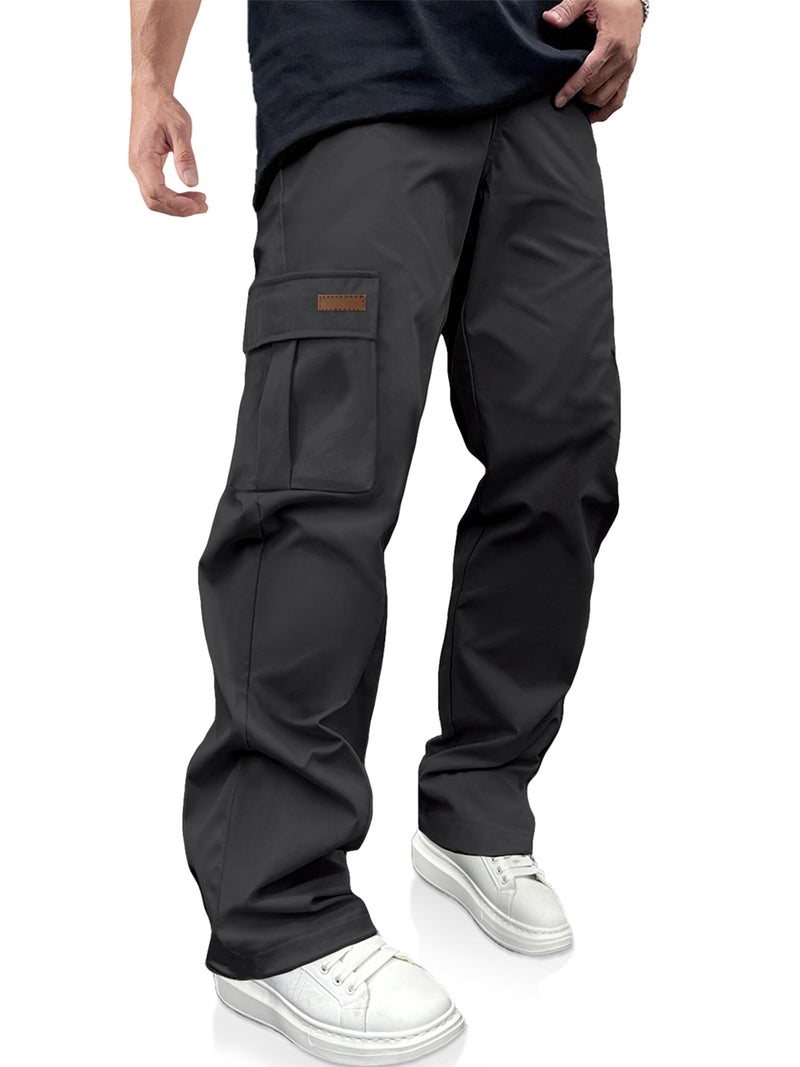 PLEPAN Men's Casual Cargo Pants Drawstring Hiking Workout Tactical Joggers Sweatpants for Men with Pockets Dark Grey Medium - Image 1