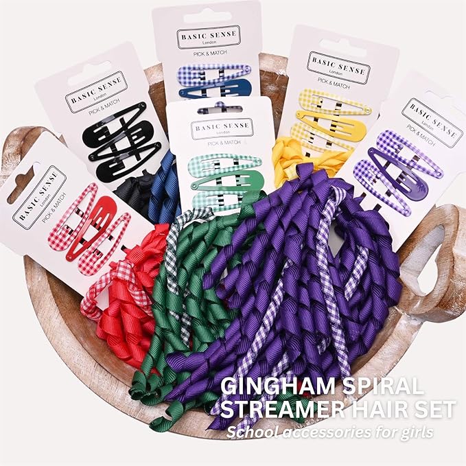 Basic Sense Spiral Streamer Elastics and Hair Snap Clips Plain Gingham for Girls Mid Blue