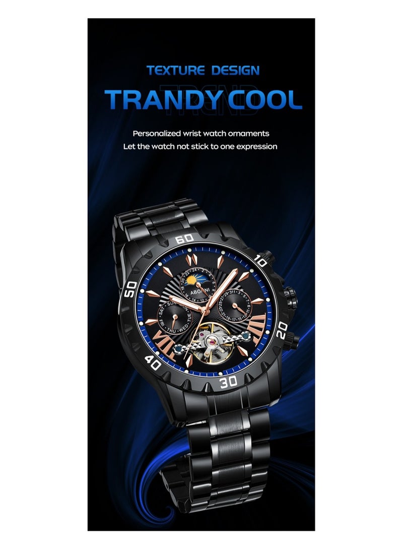 xozgdovg Men's watches automatic mechanical watch foreign trade explosions multifunctional fine steel mechanical watches waterproof men's watches/ YBN8831 Silver Shell Black Green Ring Steel Strip (Mechanical  - Image 3