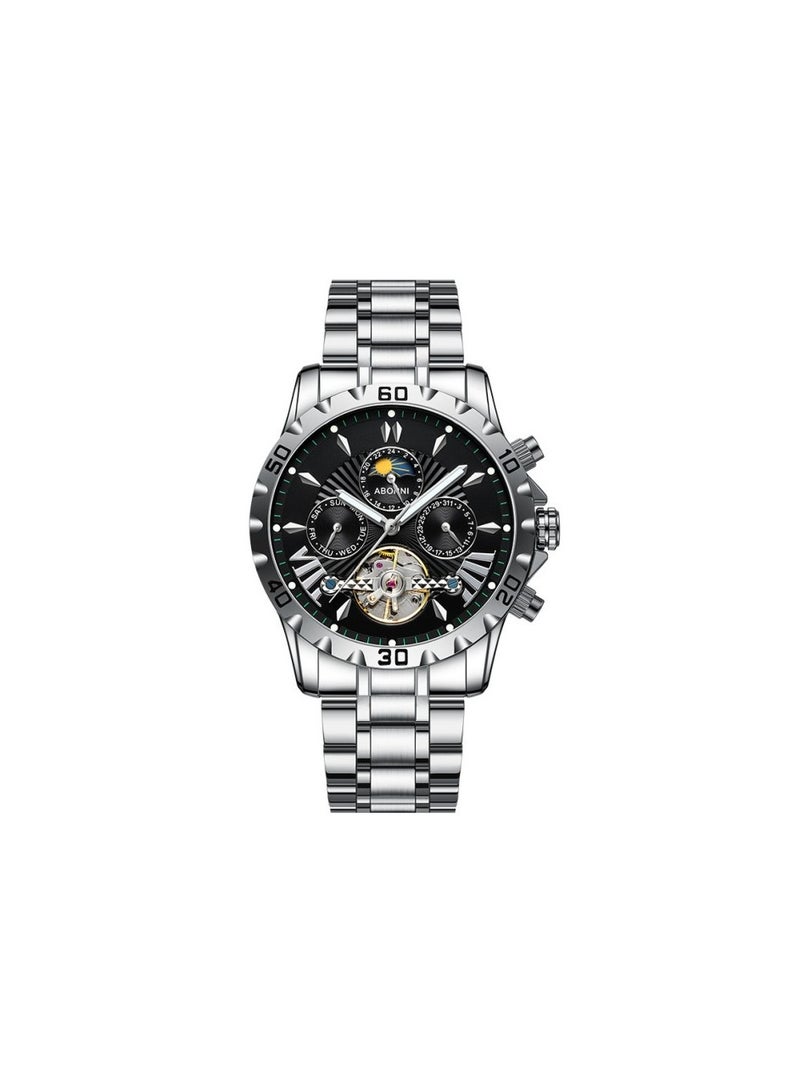 xozgdovg Men's watches automatic mechanical watch foreign trade explosions multifunctional fine steel mechanical watches waterproof men's watches/ YBN8831 Silver Shell Black Green Ring Steel Strip (Mechanical  - Image 1
