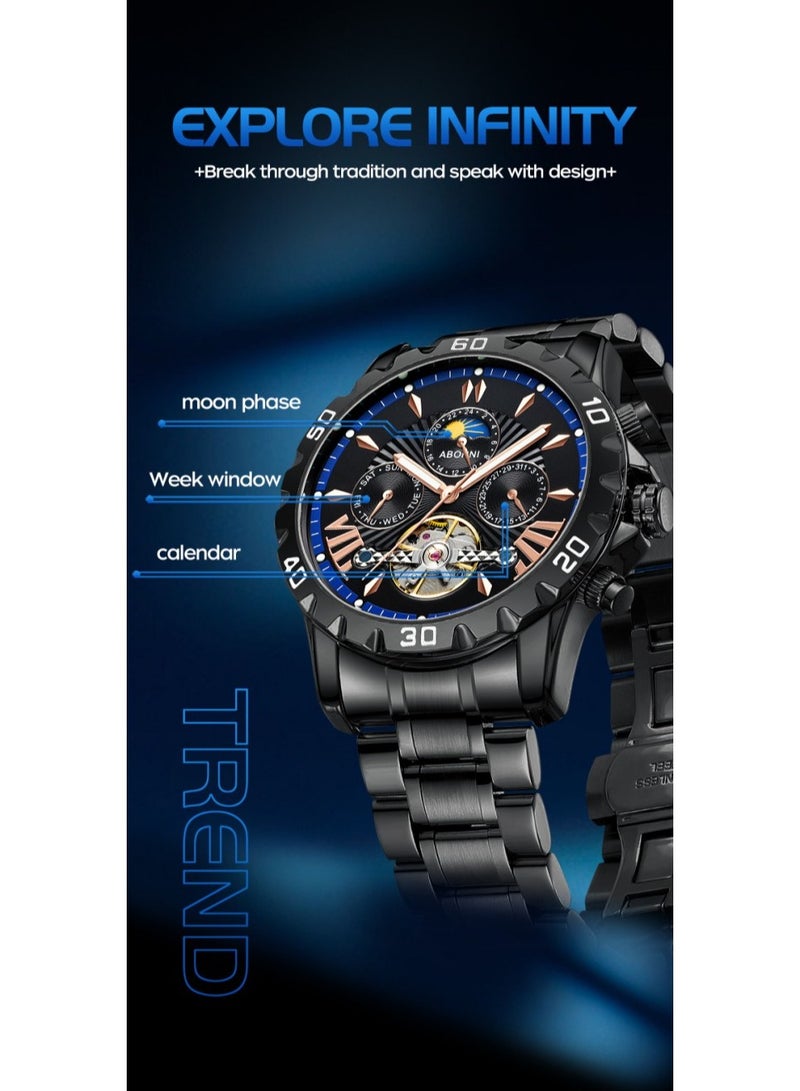 xozgdovg Men's watches automatic mechanical watch foreign trade explosions multifunctional fine steel mechanical watches waterproof men's watches/ YBN8831 Silver Shell Black Green Ring Steel Strip (Mechanical  - Image 5