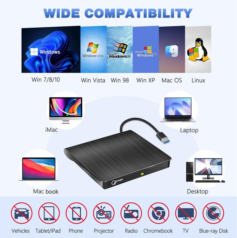 Gotega External DVD Drive, USB 3.0 Portable +/-RW, DVD Player for CD ROM Burner Compatible with Laptop Desktop PC Windows Linux OS Apple Mac Black - Image 4