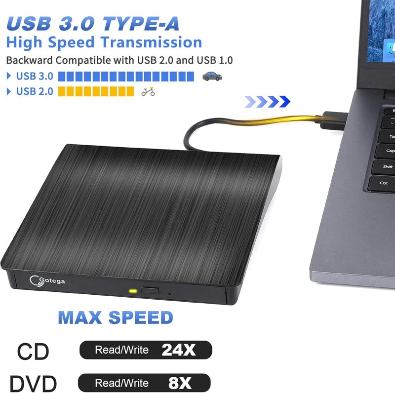Gotega External DVD Drive, USB 3.0 Portable +/-RW, DVD Player for CD ROM Burner Compatible with Laptop Desktop PC Windows Linux OS Apple Mac Black - Image 2