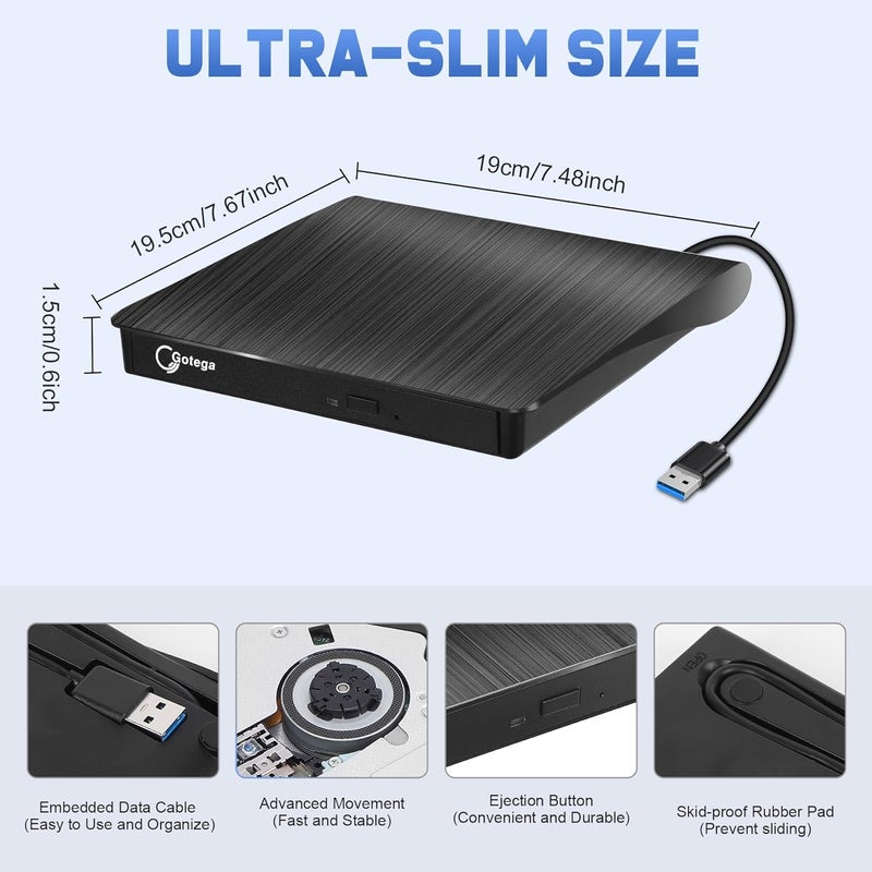 Gotega External DVD Drive, USB 3.0 Portable +/-RW, DVD Player for CD ROM Burner Compatible with Laptop Desktop PC Windows Linux OS Apple Mac Black - Image 5
