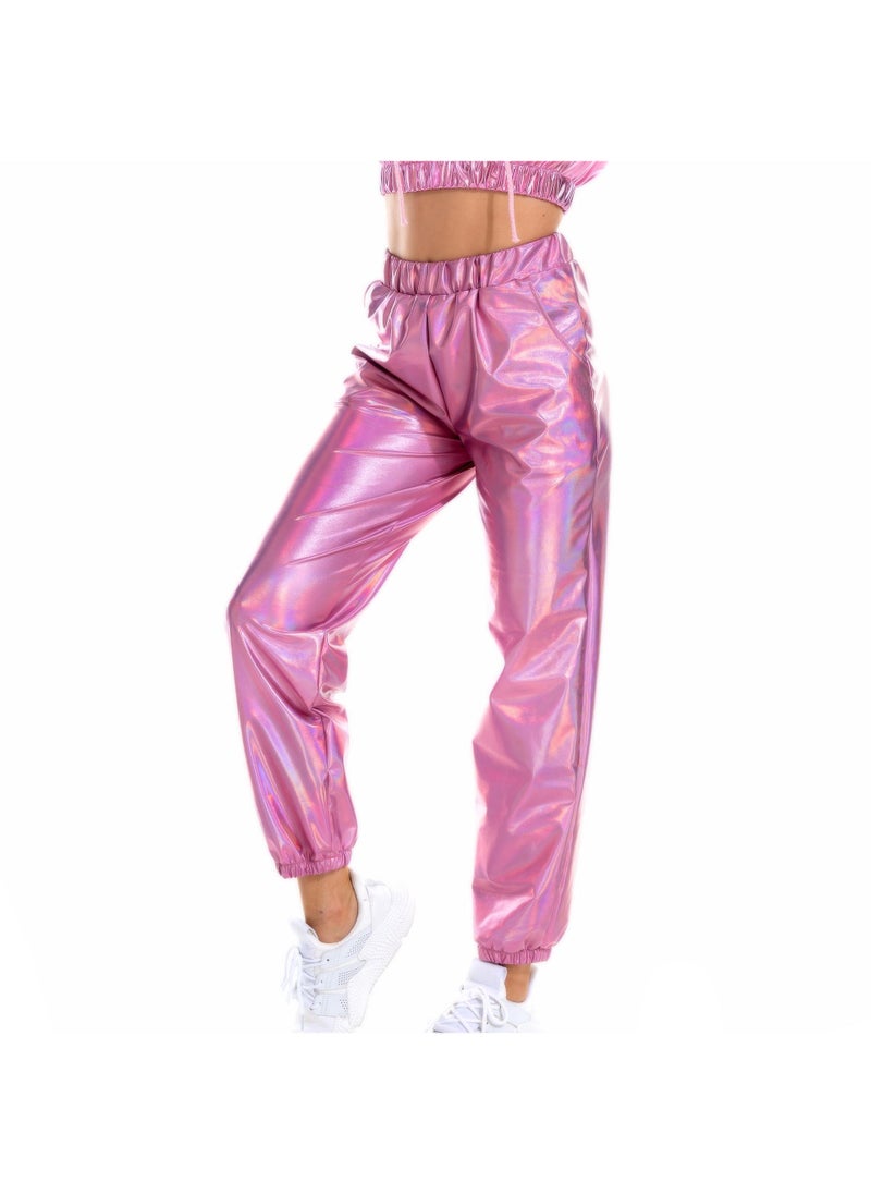 European and American explosions large size womens pants spring and summer loose casual street metal laser color factory direct loose pants women Pink - Image 1