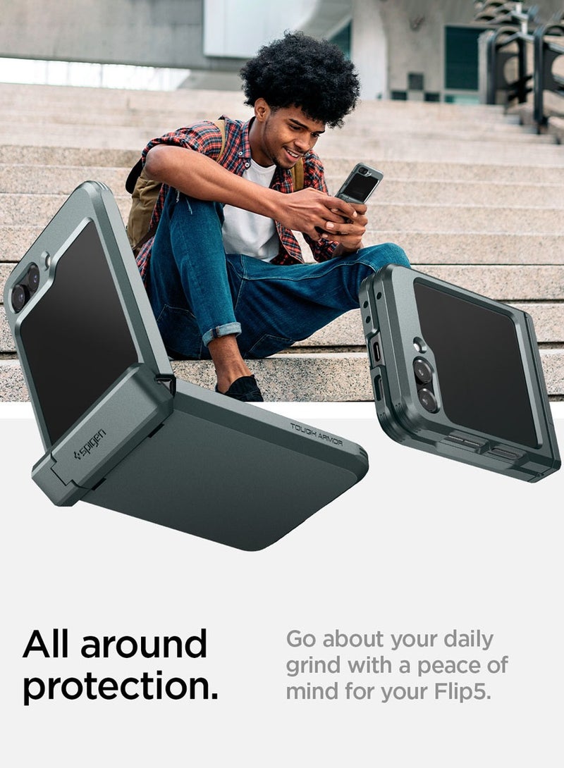 Spigen Tough Armor Pro P for Samsung Galaxy Z Flip 5 Case Cover with Hinge Protection & Kickstand - Abyss Green - Image 4