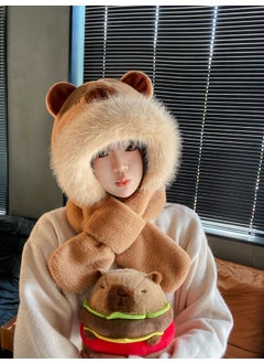 New 2-in-1 Cap Scarf Puffer Plush Warm Thickened Hat Warm apricot brown