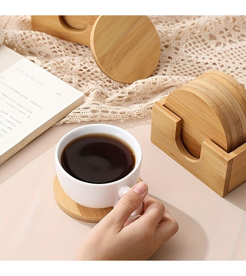 1 Set Of 6 Round Bamboo Coasters With Base Minimalist Heat Cup Mats For Coffee Tea - Image 4