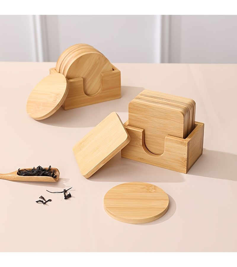 1 Set Of 6 Round Bamboo Coasters With Base Minimalist Heat Cup Mats For Coffee Tea - Image 1