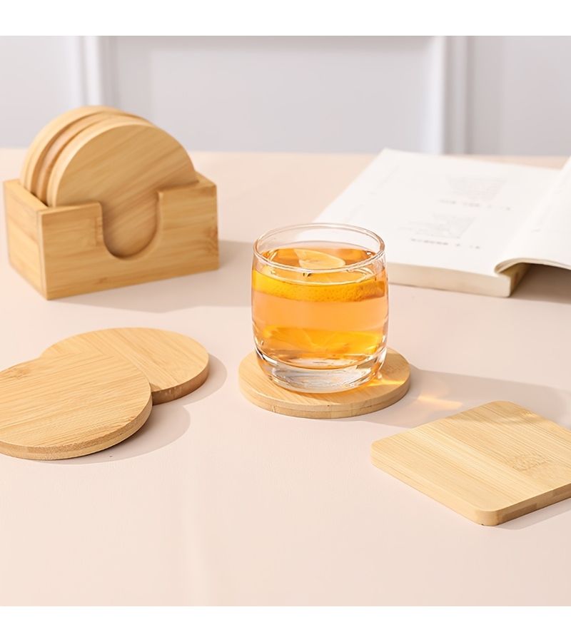 1 Set Of 6 Round Bamboo Coasters With Base Minimalist Heat Cup Mats For Coffee Tea - Image 5