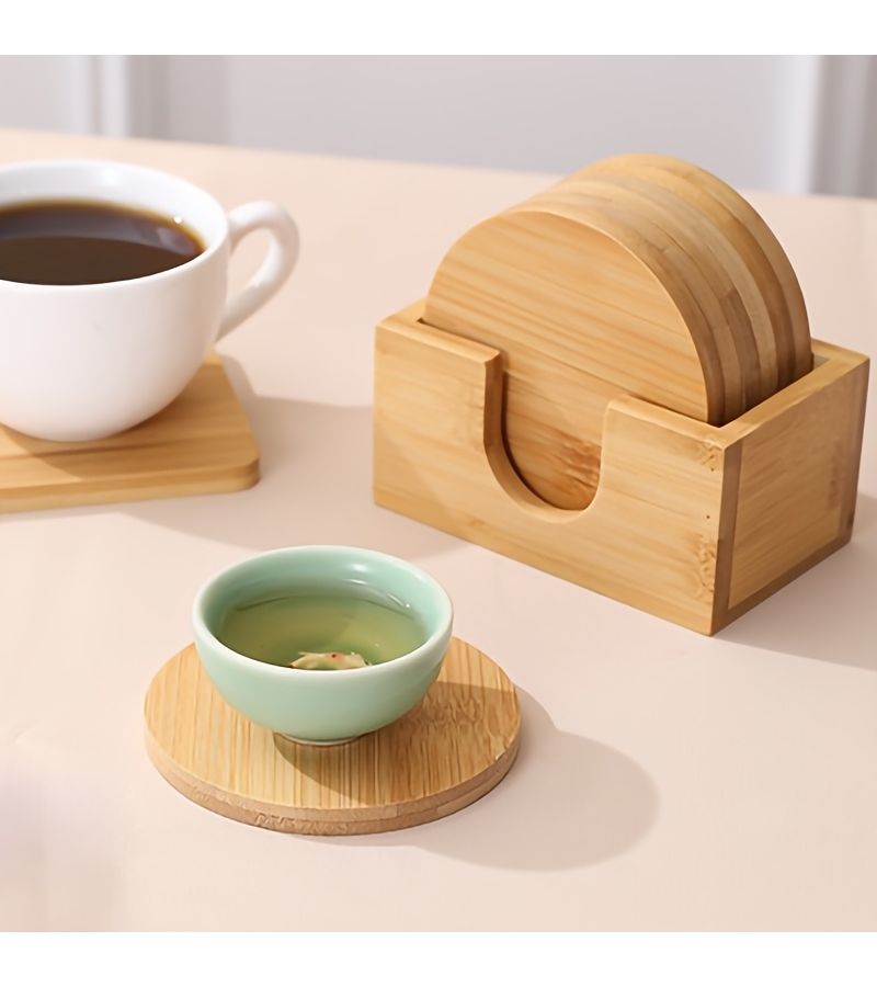 1 Set Of 6 Round Bamboo Coasters With Base Minimalist Heat Cup Mats For Coffee Tea - Image 2
