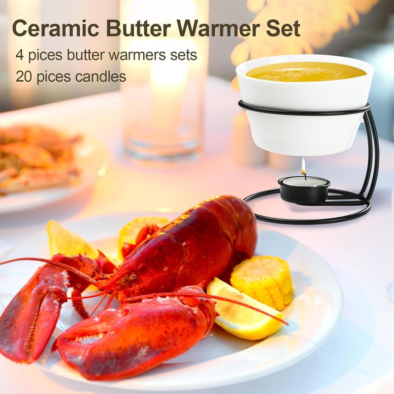 Luvan 4Pcs 12.8oz Butter Warmers for Seafood, Butter Melter with Stands and 20Pcs Tealight Candles,Ceramic Butter Warmer Set for Lobster, Personal Fondue Set Melted Butter Cups for Seafood, Fondue - Image 2