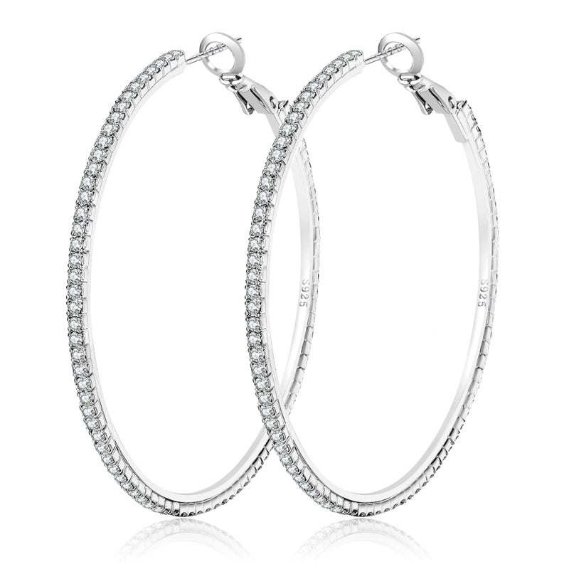 OOOPEL Large Rhinestone Hoop Earrings 925 Sterling Silver Post Cubic Zirconia Hoop Earrings Thin Rhinestones Round Hoop Earrings for Women Silver Hoop Earrings Sparkly Hoop Earrings with Crystals for Womens - Image 1