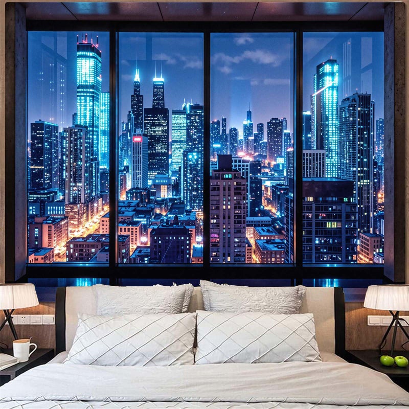 Lifeella City Night Window Tapestry, Cyberpunk Skyscraper Wall Backdrop, Blue Neon Urban View Mural for Bedroom Living Room Decor, 36x48 inches - Image 1