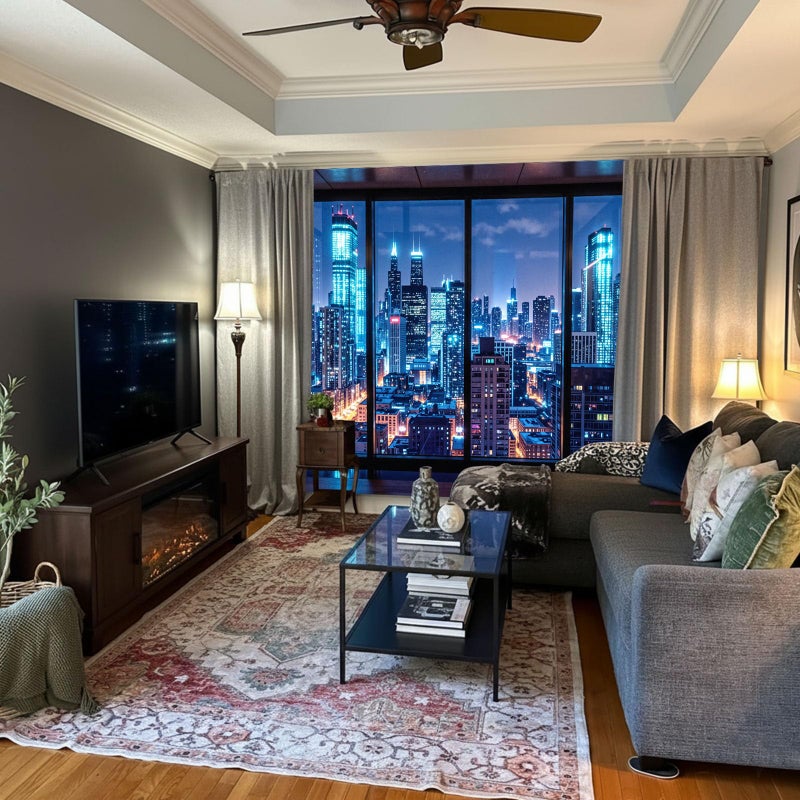 Lifeella City Night Window Tapestry, Cyberpunk Skyscraper Wall Backdrop, Blue Neon Urban View Mural for Bedroom Living Room Decor, 36x48 inches - Image 2