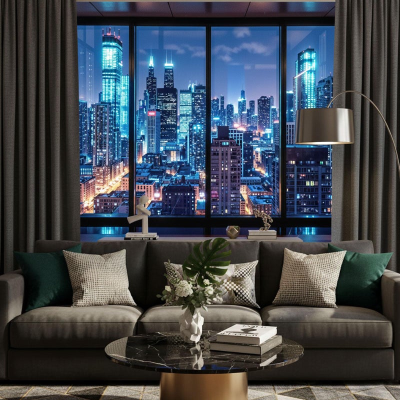 Lifeella City Night Window Tapestry, Cyberpunk Skyscraper Wall Backdrop, Blue Neon Urban View Mural for Bedroom Living Room Decor, 36x48 inches - Image 3