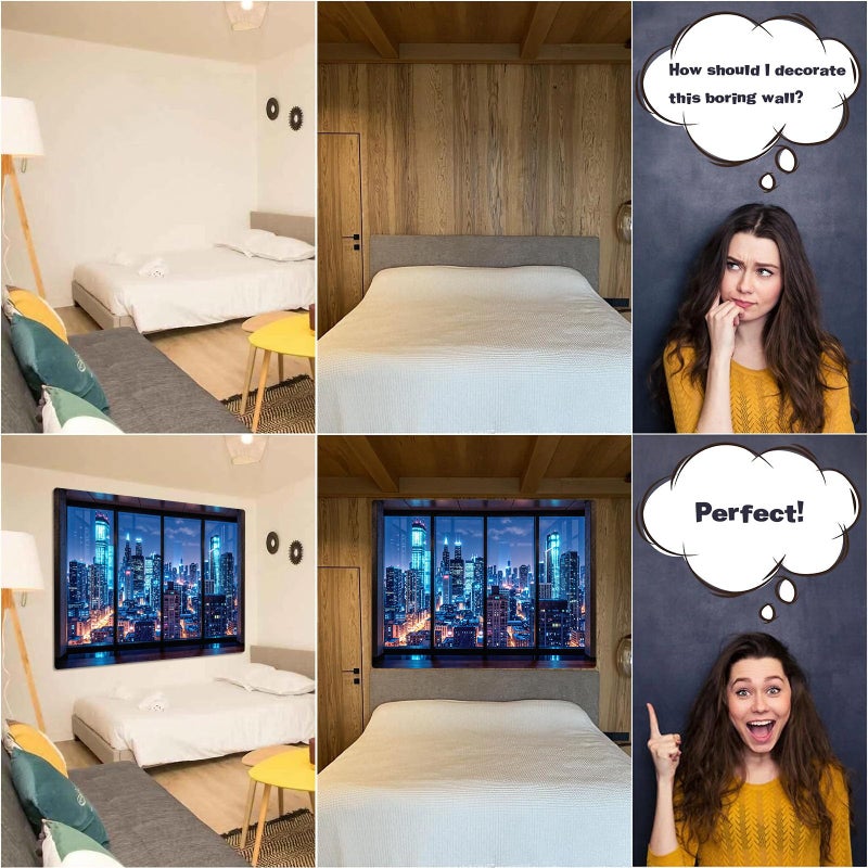Lifeella City Night Window Tapestry, Cyberpunk Skyscraper Wall Backdrop, Blue Neon Urban View Mural for Bedroom Living Room Decor, 36x48 inches - Image 4
